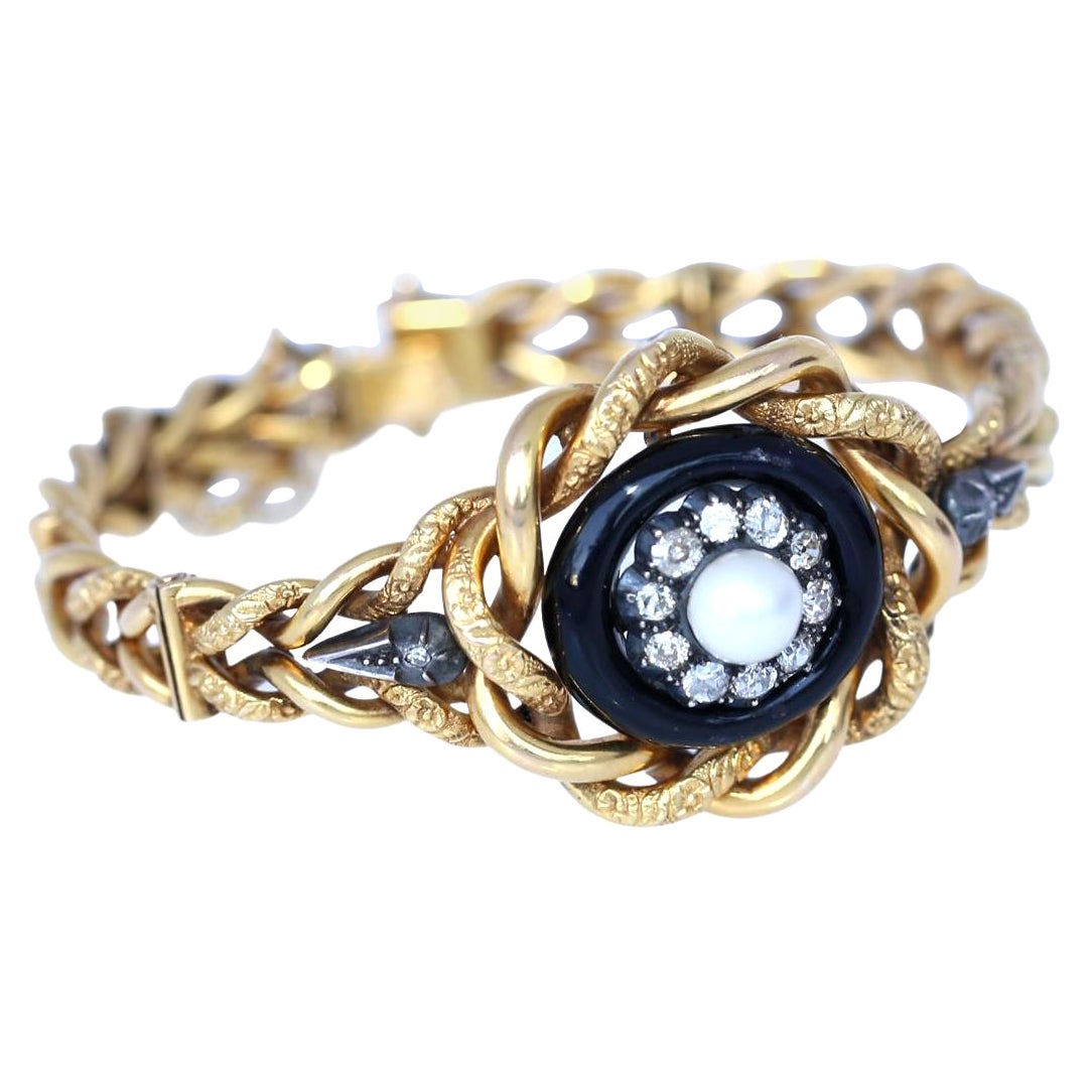 Biedermeier Gold Enamel Pearl Diamonds Bracelet, 1840 For Sale