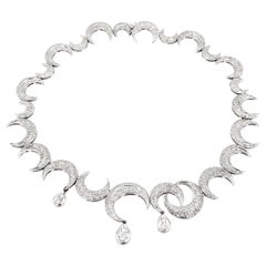Crescent Diamond Pavé with Pear Shaped Drops 18K White Gold Necklace
