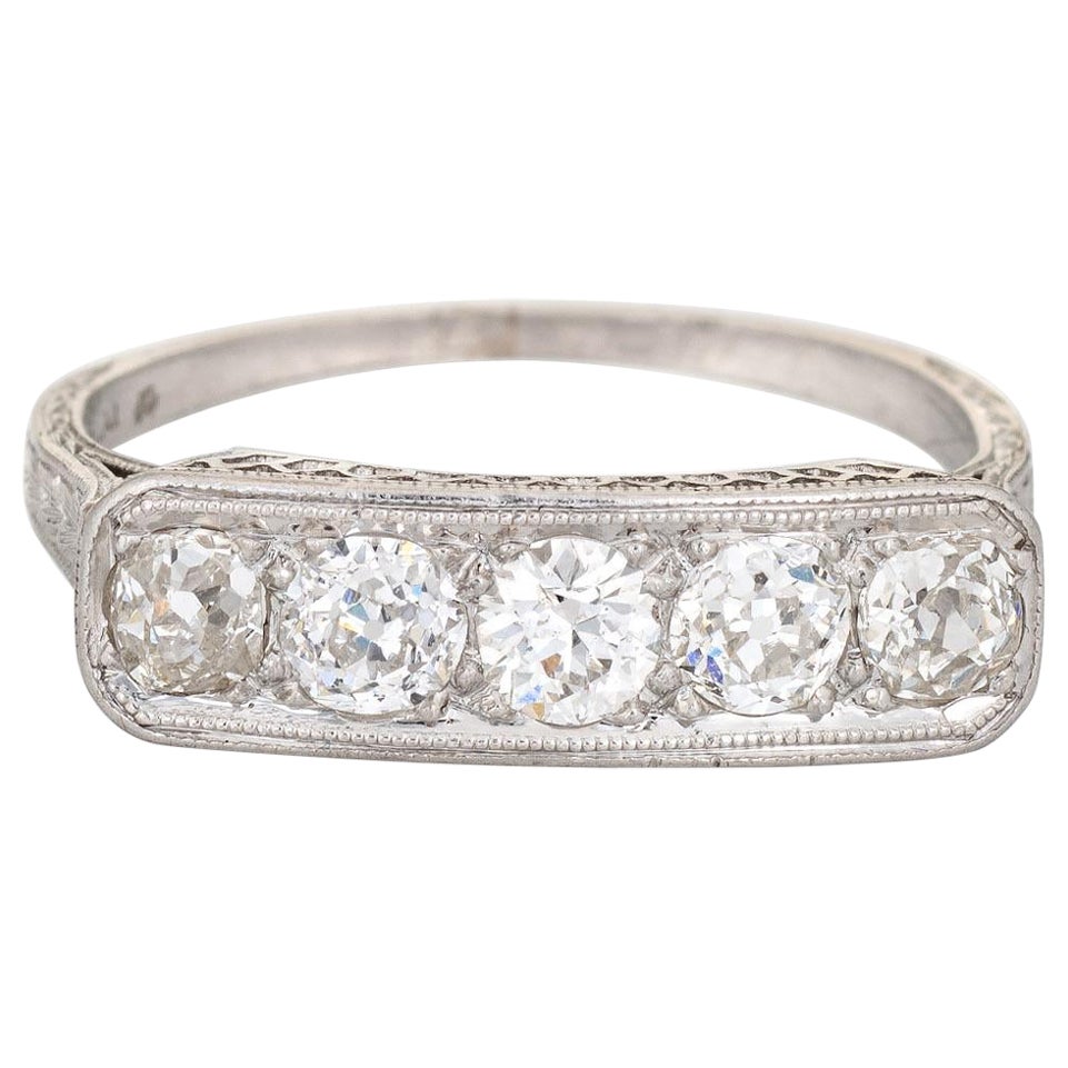 Vintage Art Deco 5 Stone Diamond Ring Platinum Filigree Band Fine Jewelry