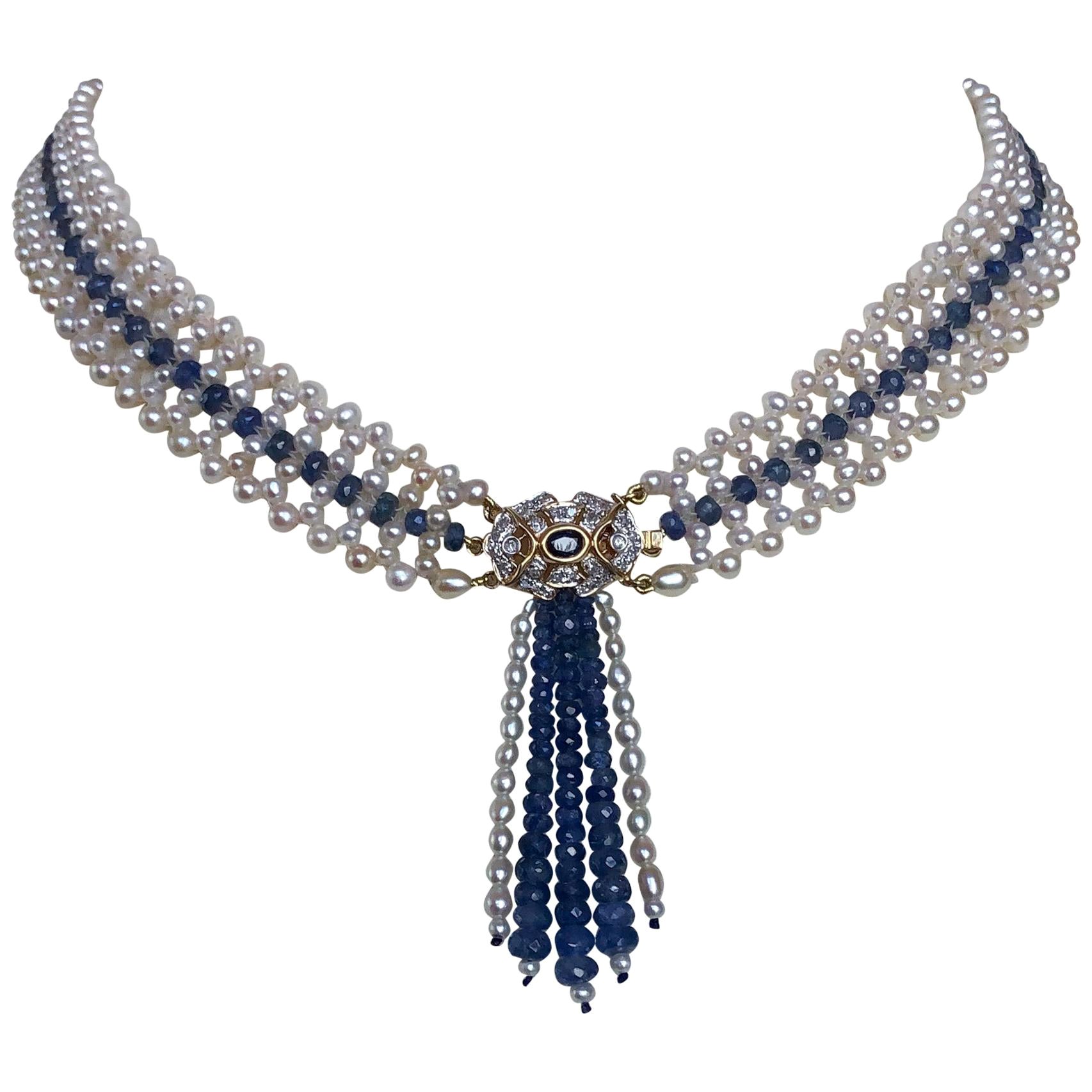 Marina J. Woven Pearl and Sapphire Necklace with Diamond Centerpiece & 14K Gold