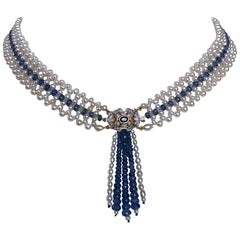 Marina J. Geflochtene Perlen- und Saphir-Halskette mit Diamant-Mittelstück & 14K Gold