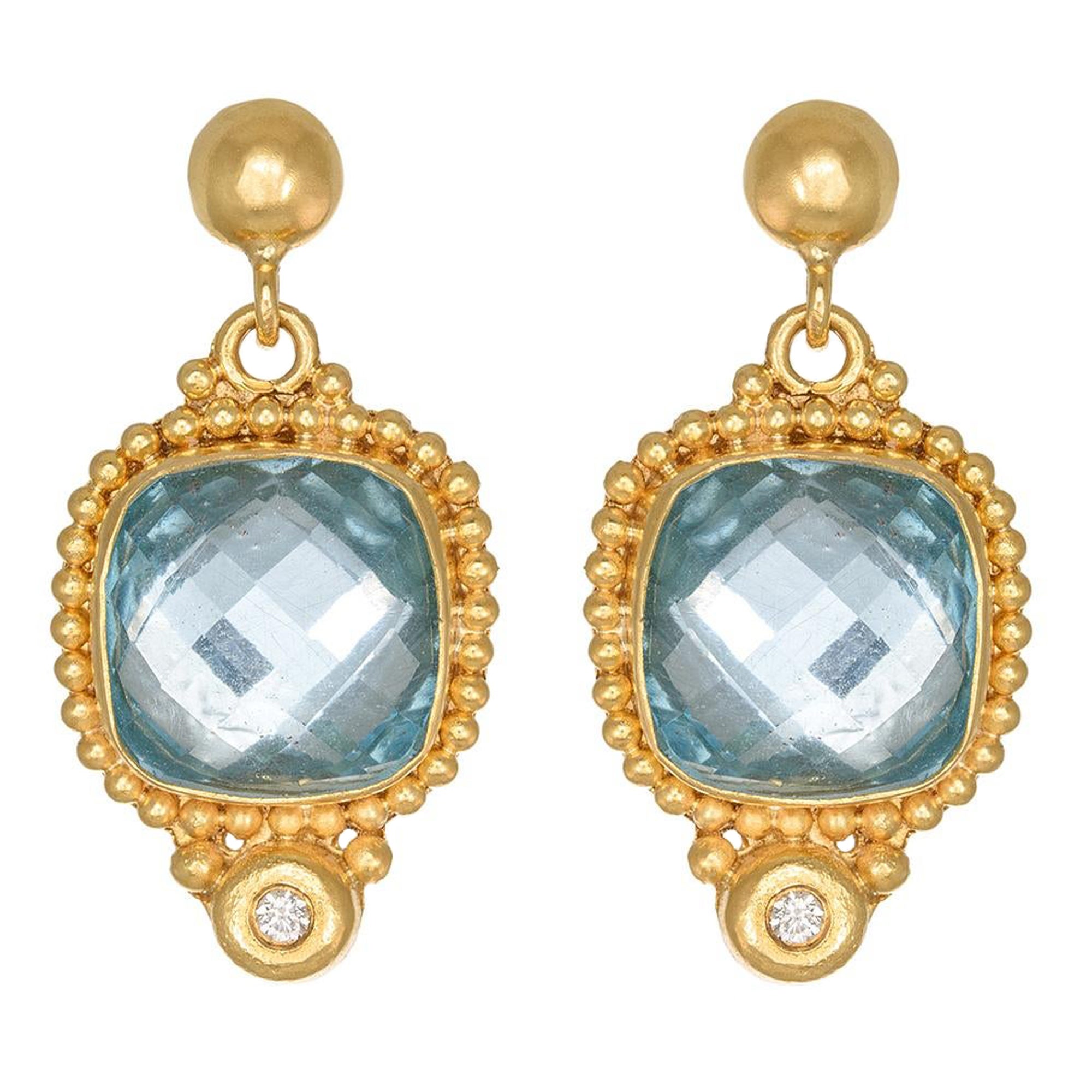 Granulation Drop Earrings with Cushion Blue Topaz & Diamonds in 22Kt Yellow Gold For Sale
