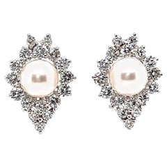 Mid-Century Pearl Diamond Cluster Earrings