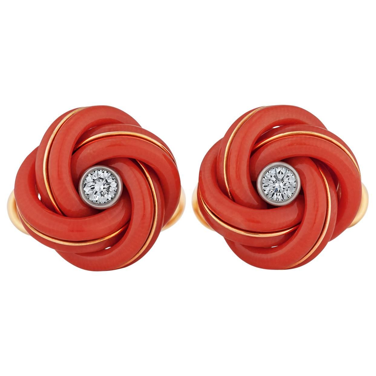 Steven B. Fox Natural Coral Diamond Gold Love Knot Cufflinks For Sale