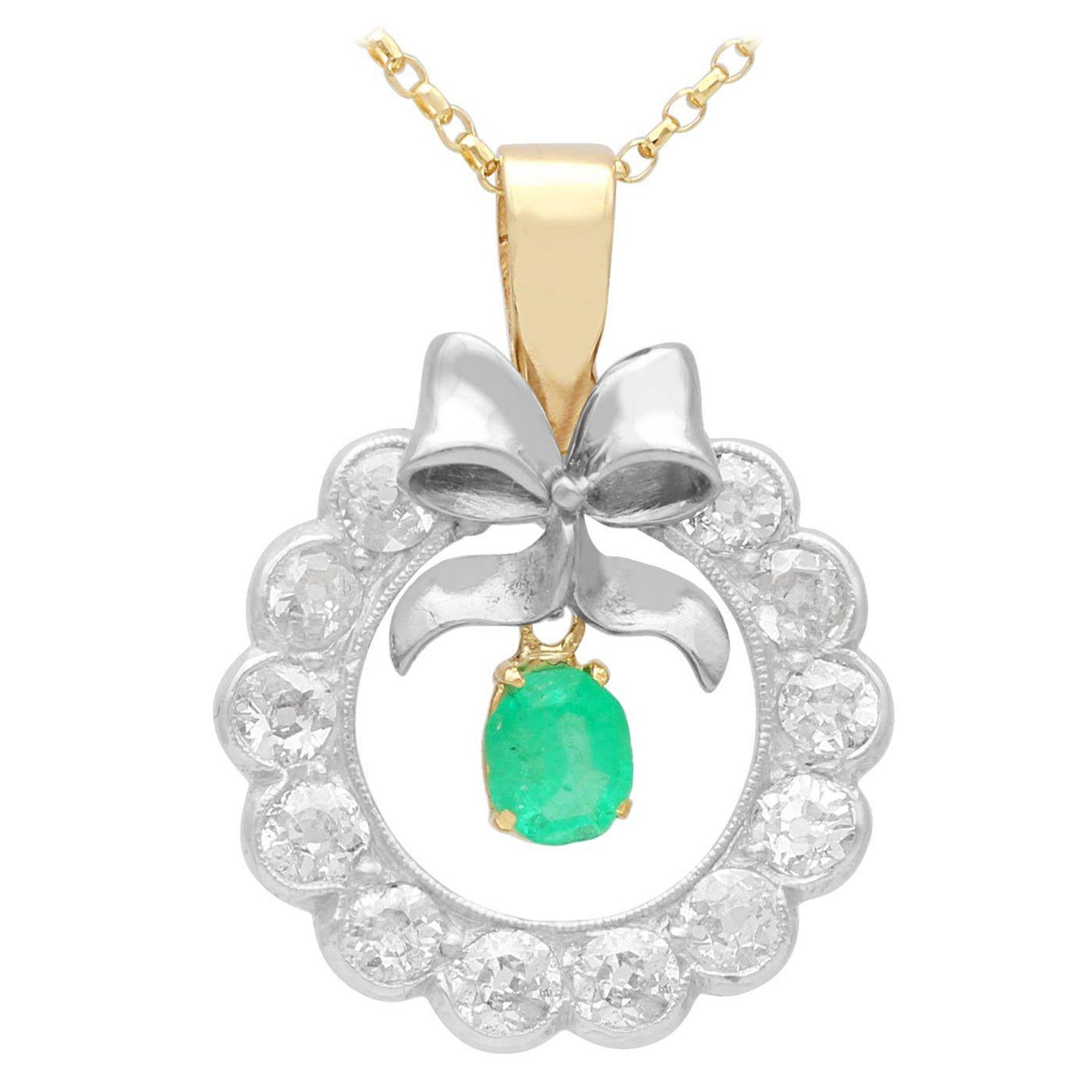 Antique 1900s Emerald and 1.30ct Diamond Yellow Gold Pendant For Sale