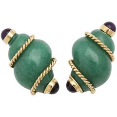 Vintage 1940s Seaman Schepps Aventurine Amethyst Gold Clip-On Shell Earrings