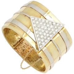 1970s Diamond Two Color Gold Large Geometric Cuff Bangle Bracelet