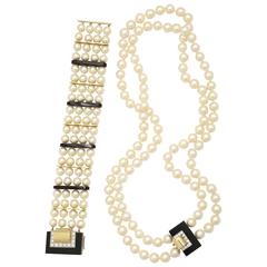 1970 Cartier Pearl Onyx Diamond Gold Platinum Necklace Bracelet Suite