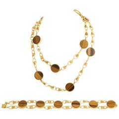 1960s Tiger's Eye Discs and Gold Reversible Necklace Bracelet Chic Ensemble