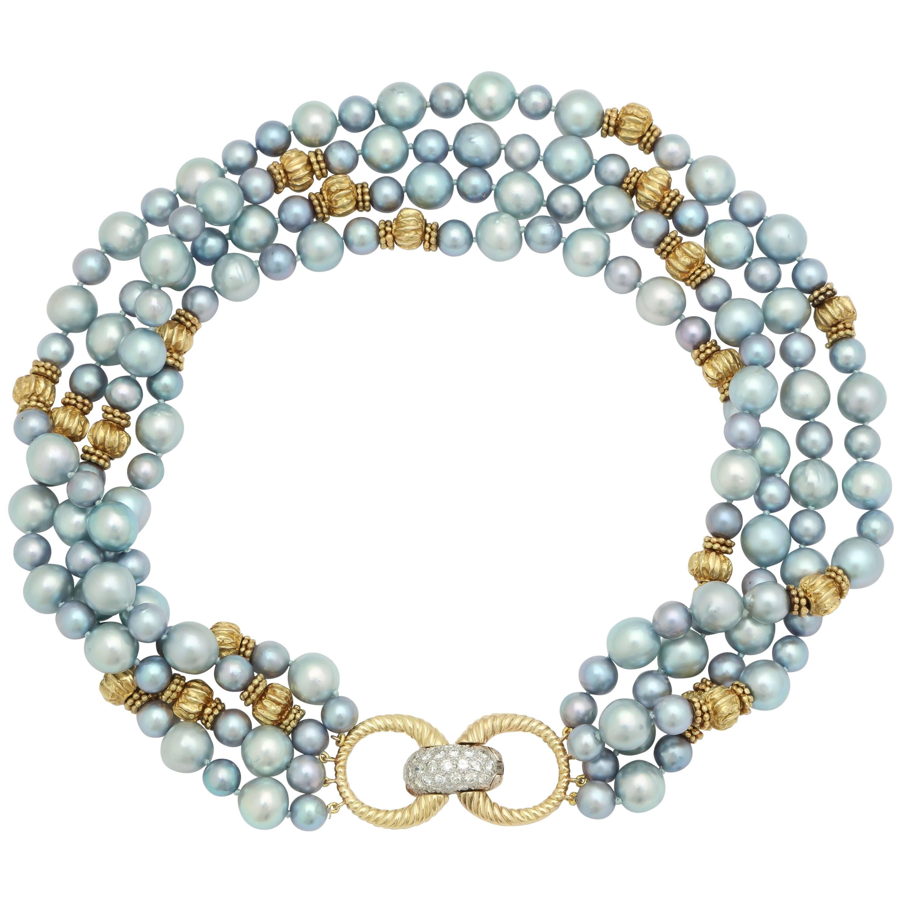 1950s Tiffany 
Co. Blue Pearl Diamond Gold Multi-Strand Necklace
