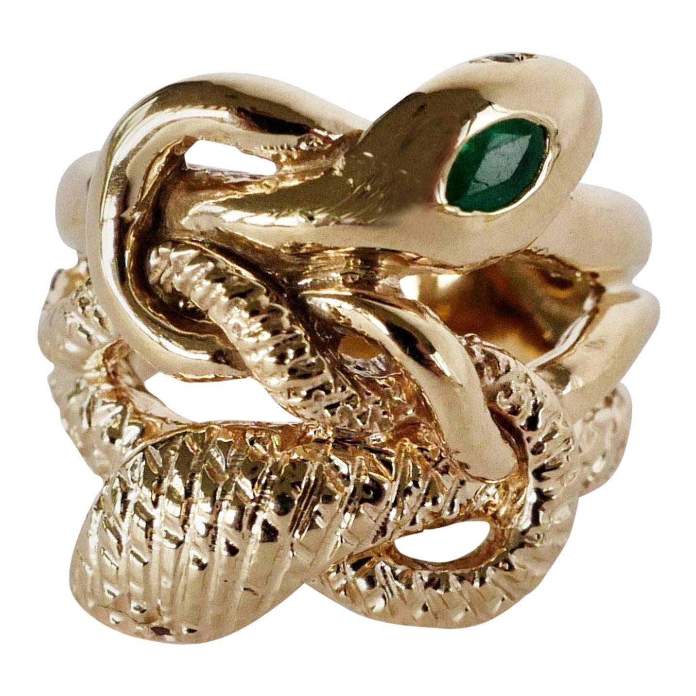 Emerald White Diamond Snake Ring Ruby Eyes Bronze Victorian Style J Dauphin For Sale