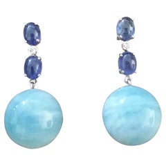 2 Blue Sapphire Oval Cabs White Gold Diamonds Aquamarine Round Beads Earrings