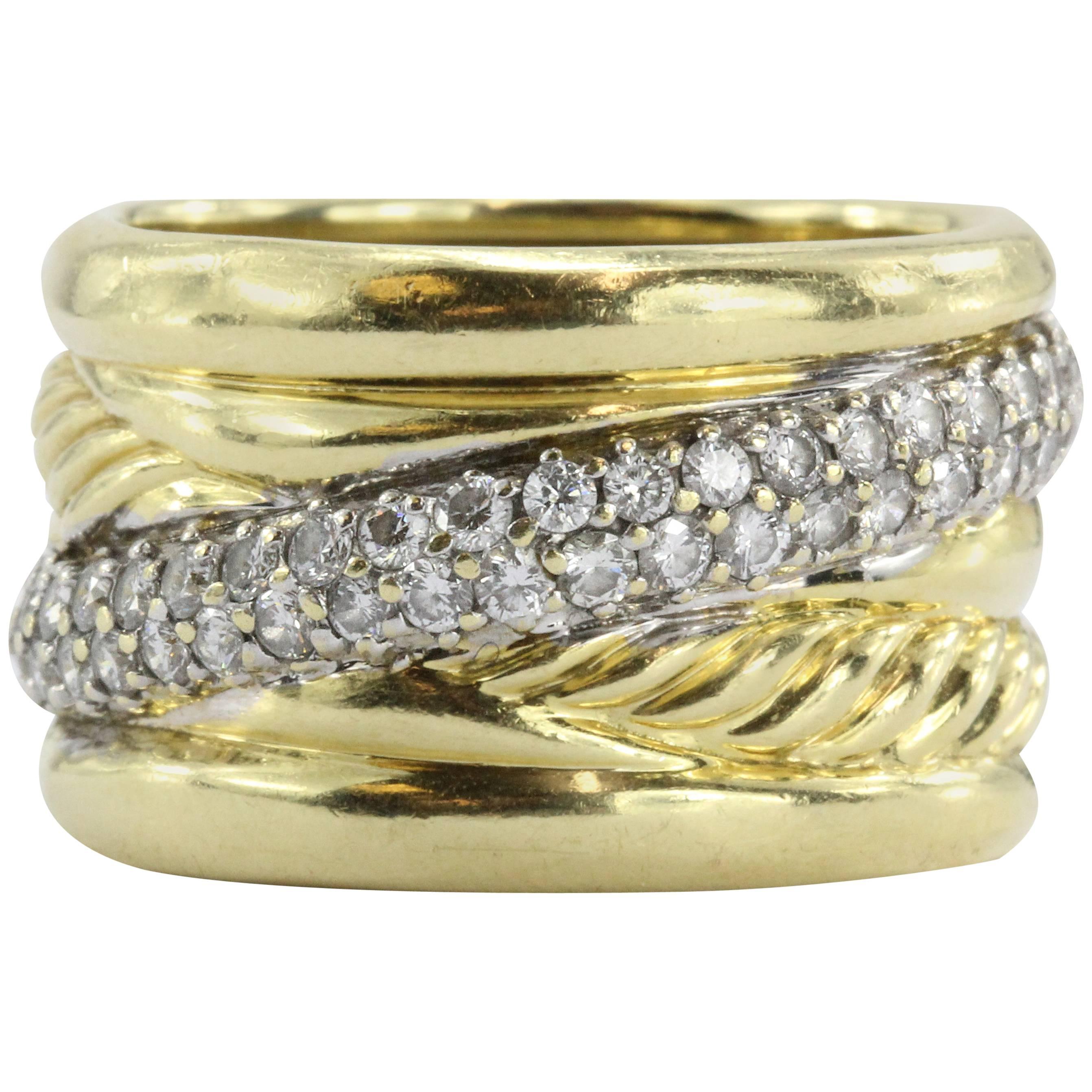 David Yurman Diamond Gold Cable Crossover Ring 