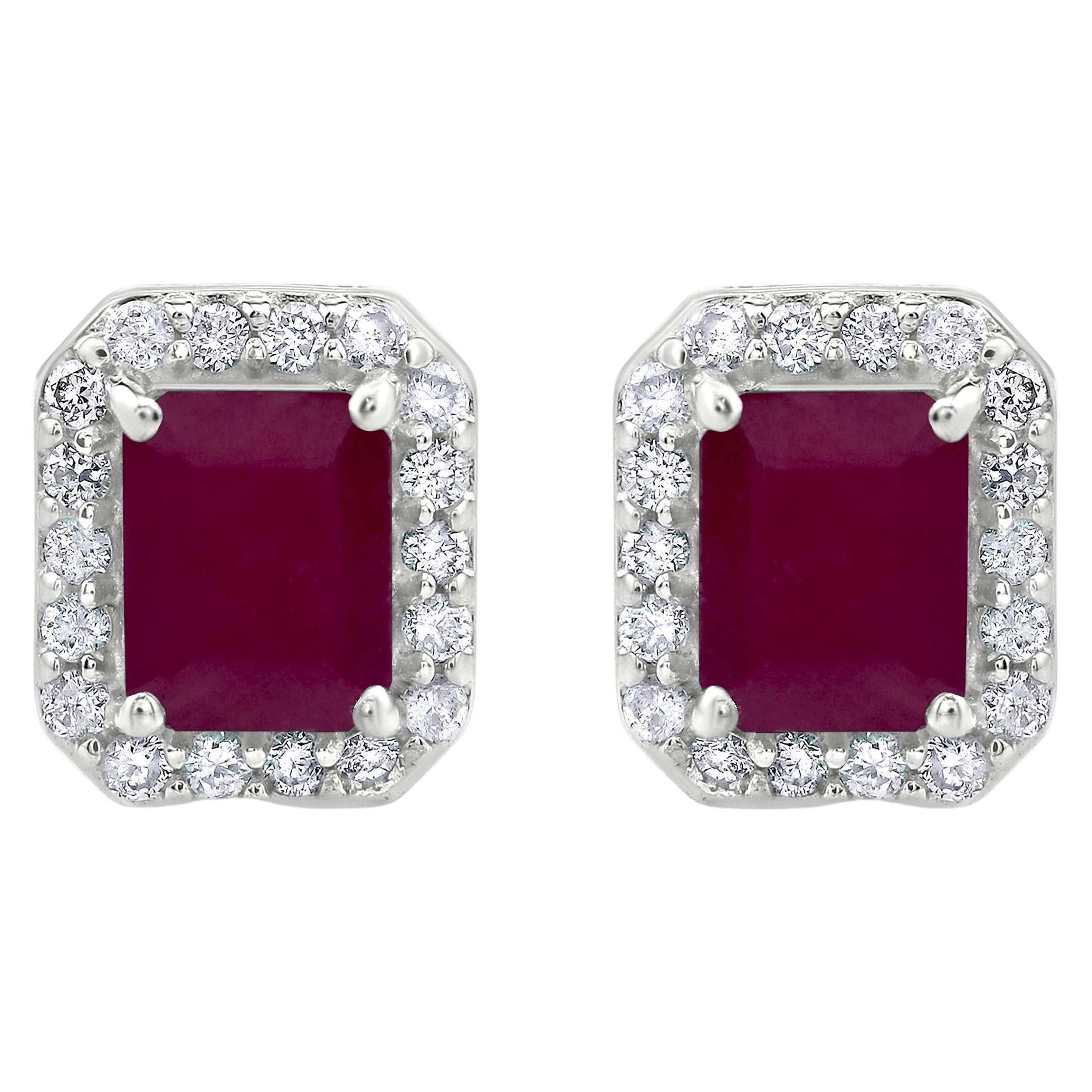 Gemistry 1.45 Carats Octagon Ruby Stud Earrings with Diamond in 14K White Gold For Sale