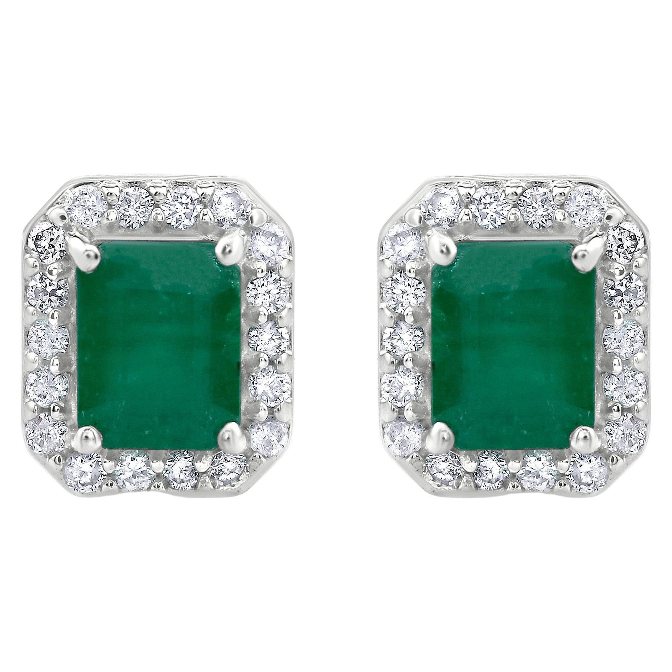 Gemistry .98 Carats Octagon Emerald Stud Earrings with Diamond in 14K White Gold