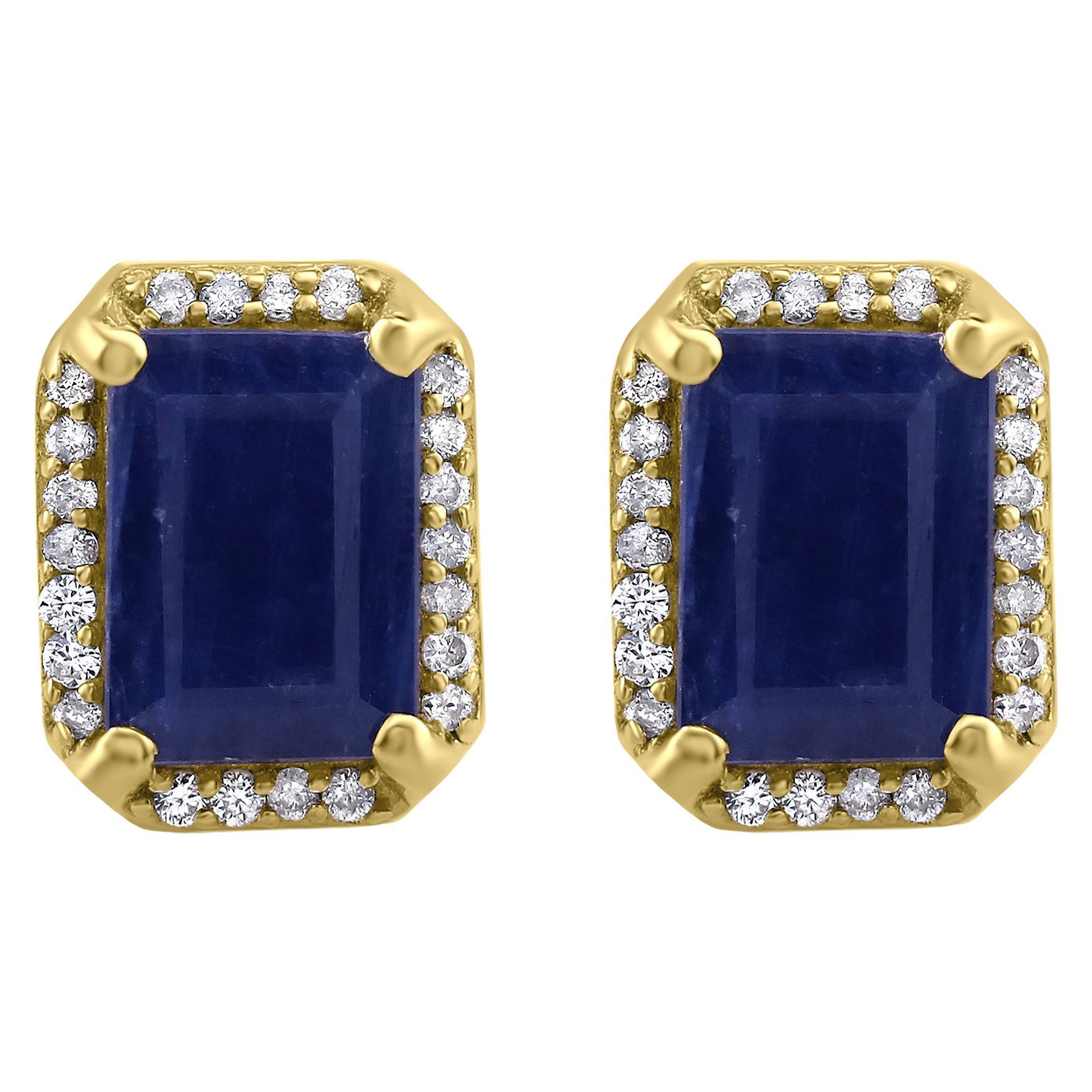 Gemistry 2.9 Carat Octagon Blue Sapphire Stud Earrings with Diamond in 14K Gold