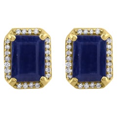 Gemistry 2.9 Carat Octagon Blue Sapphire Stud Earrings with Diamond in 14K Gold