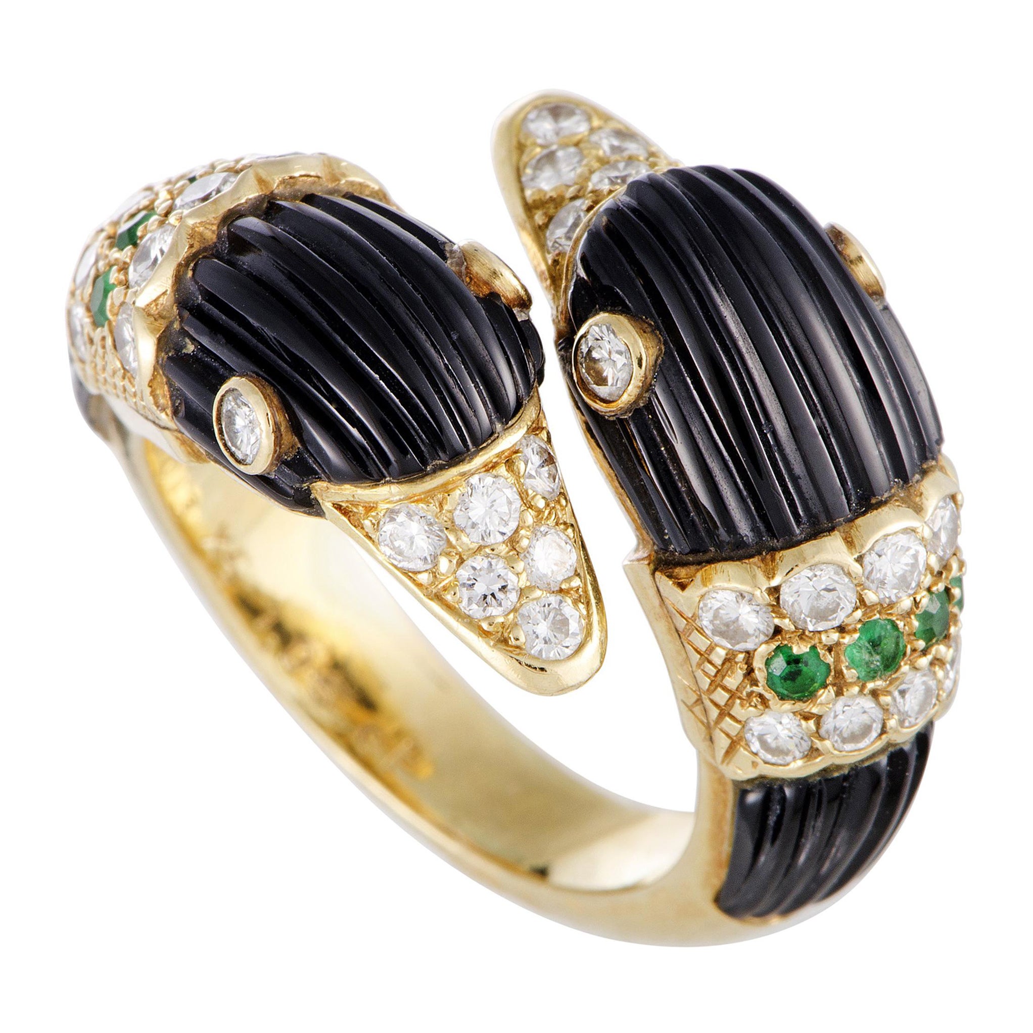 Van Cleef & Arpels Diamond Pavé, Emerald and Fluted Onyx Yellow Gold Swan Ring