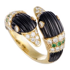 Van Cleef & Arpels Diamond Pavé, Emerald and Fluted Onyx Yellow Gold Swan Ring