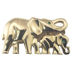 Cartier 18 Karat Yellow Gold and Emerald Mother and Baby Elephant Brooch