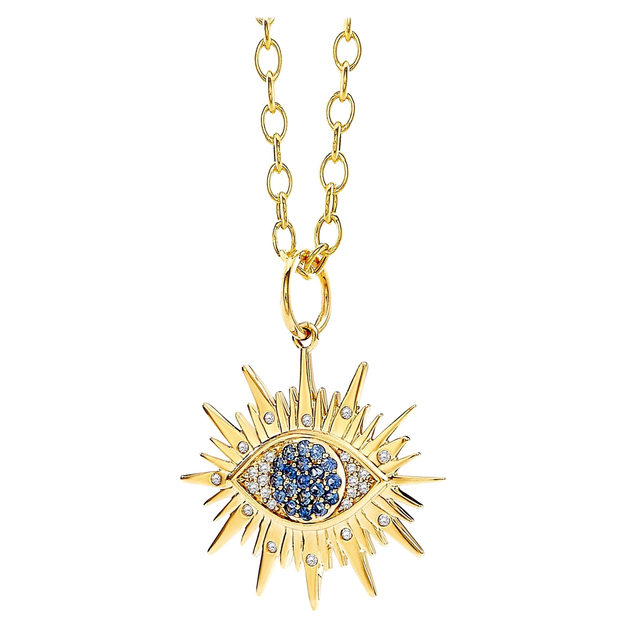 Syna Yellow Gold Evil Eye Pendant with Blue Sapphire and Diamonds For Sale
