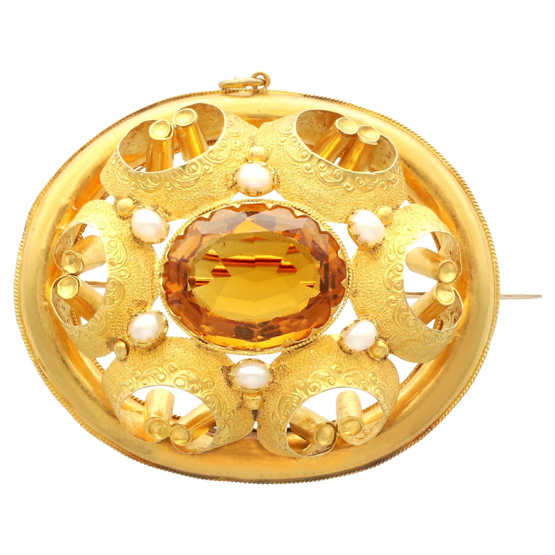 Victorian 14.32ct Citrine and Pearl Yellow Gold Brooch For Sale
