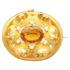 Antique Victorian 14.32ct Citrine and Pearl Yellow Gold Brooch, Circa 1860