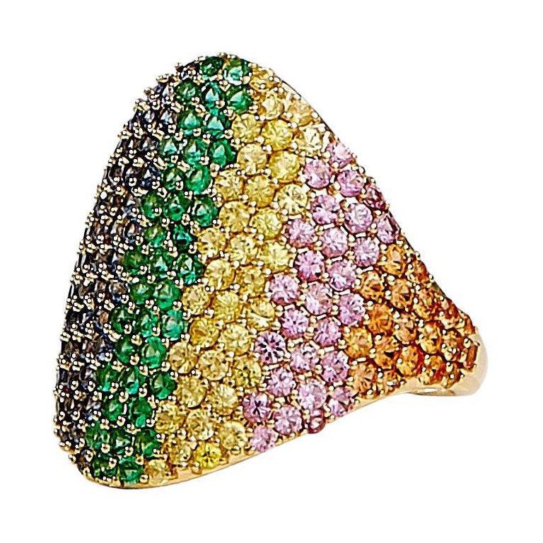 Syna Yellow Gold Rainbow Ring with Emeralds and Multicolor Sapphires For Sale