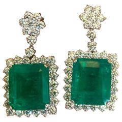 65 Carat Colombian Emerald and 15.50ct Diamond Halo Drop Earrings 18 Karat Gold