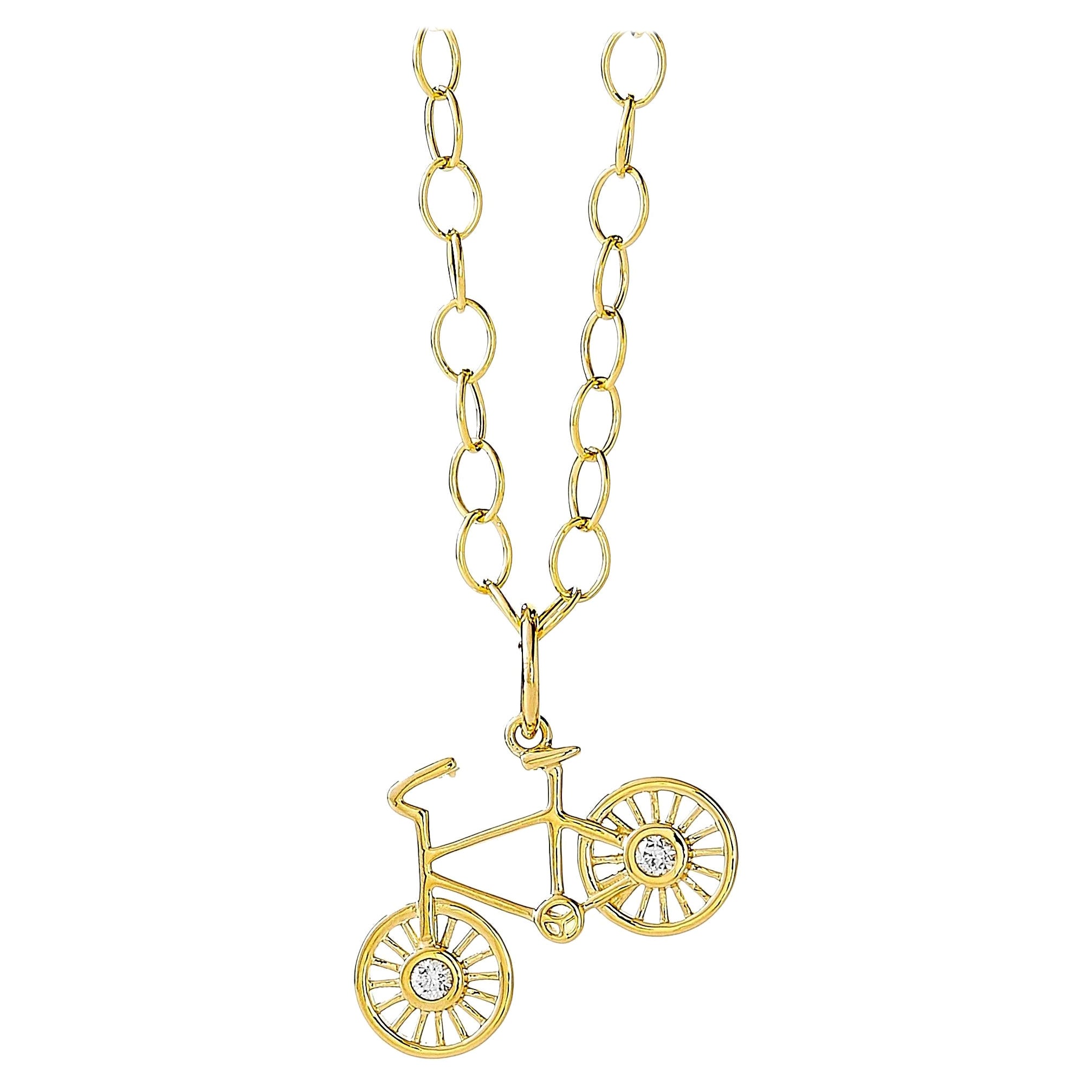Syna Yellow Gold Bicycle Charm Pendant with Diamonds For Sale