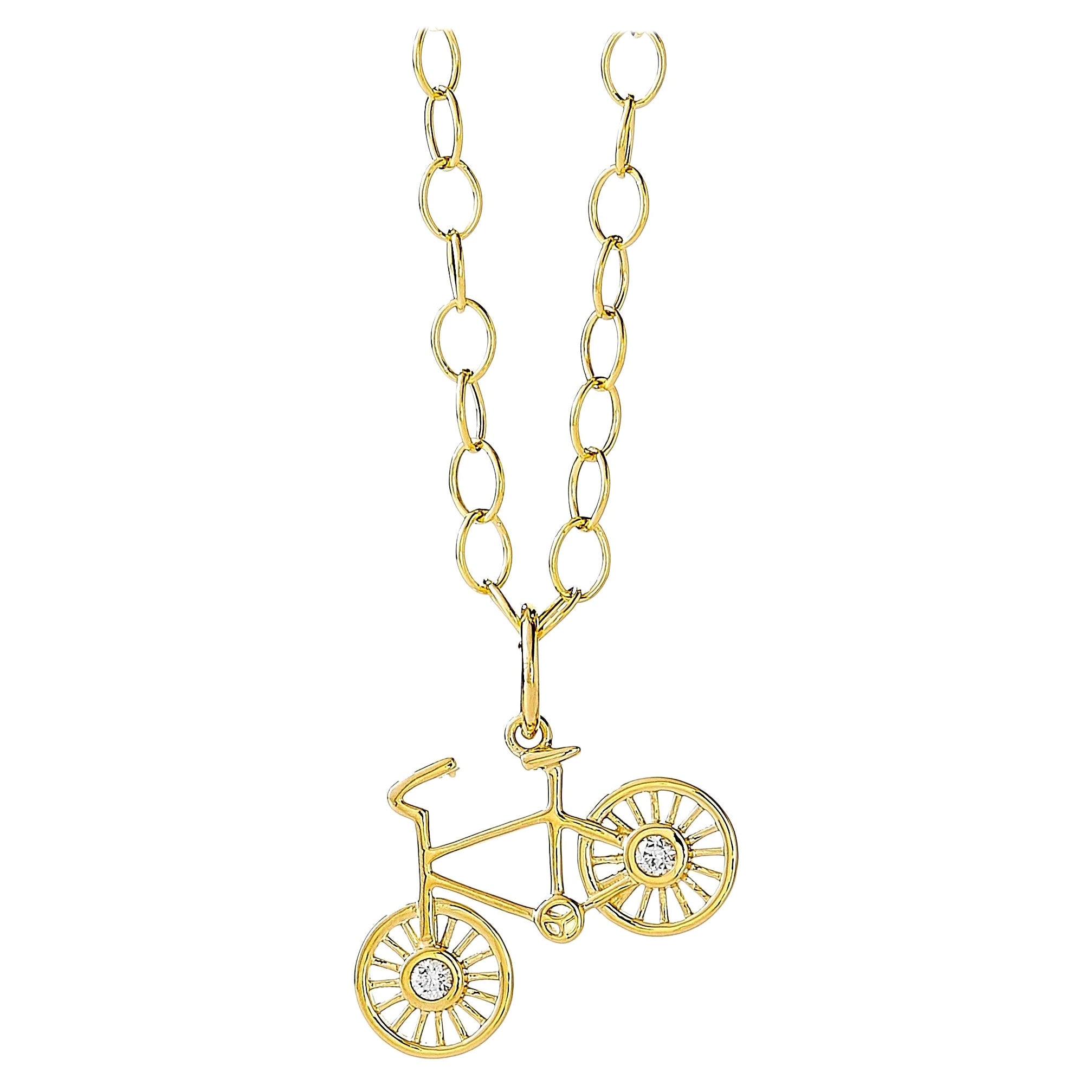Syna Yellow Gold Bicycle Charm Pendant with Diamonds For Sale