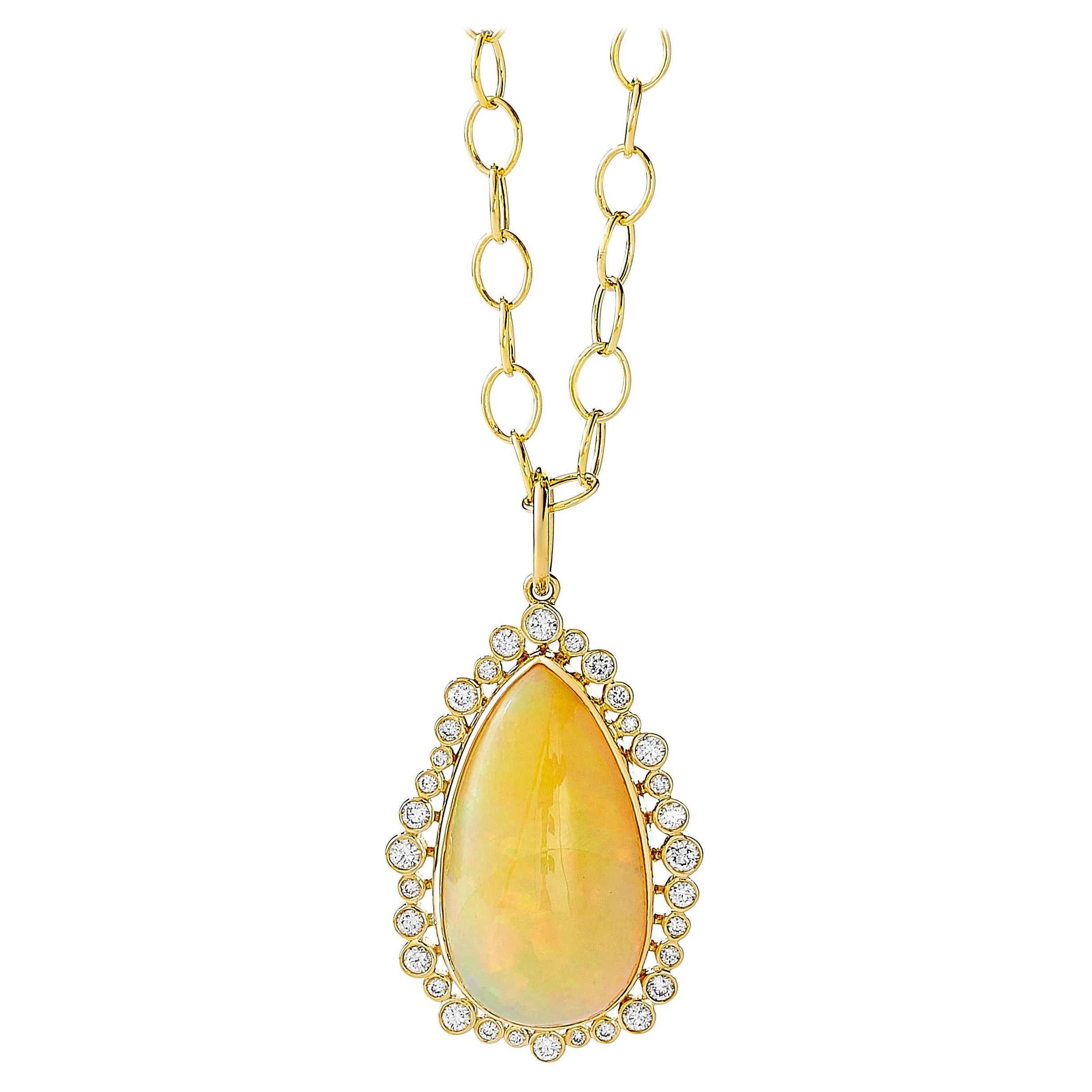 Syna Yellow Gold Ethiopian Opal Pendant with Diamonds For Sale