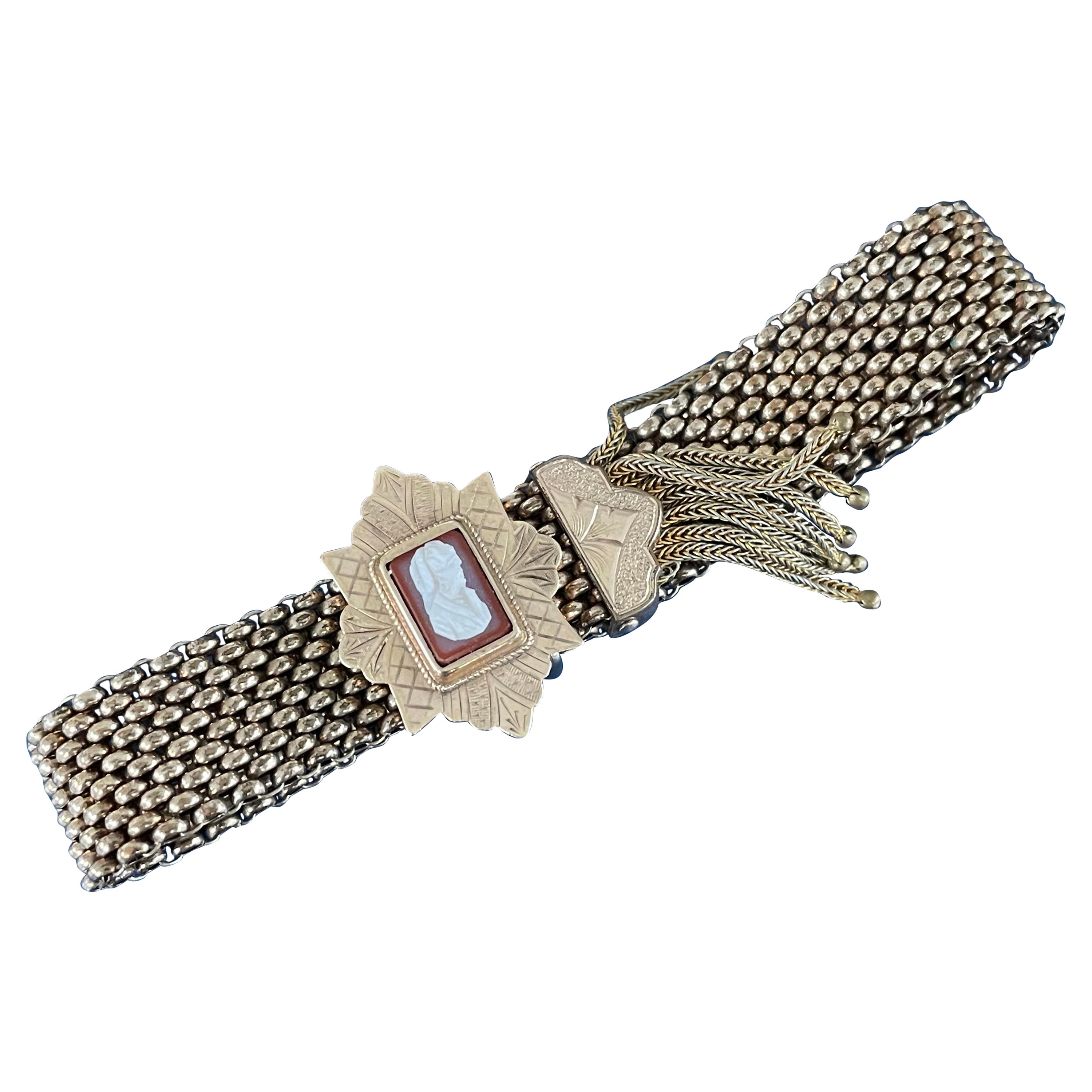 Victorian Pinch-Back Mesh Stone Cameo Gold-Filled Slide Bracelet with Fringe For Sale