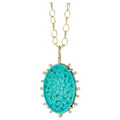 Syna Yellow Gold Jardin Carved Turquoise Pendant with Diamonds