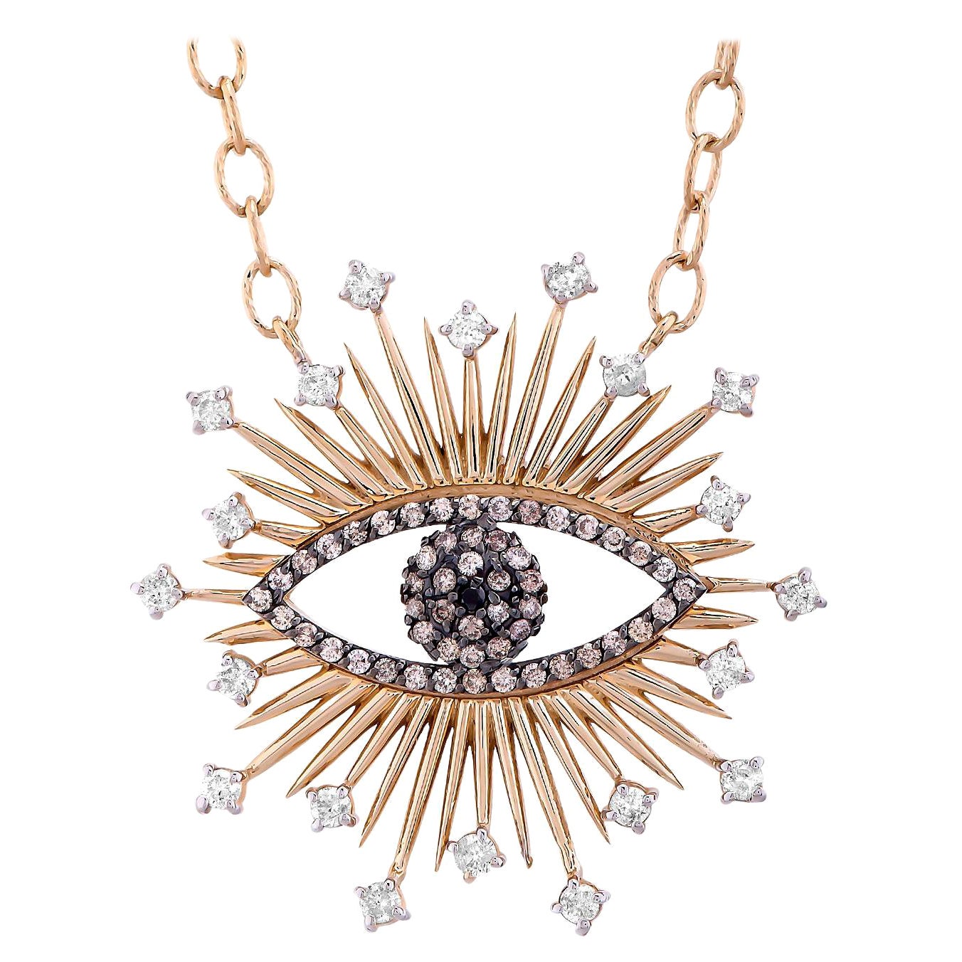 Brown Diamonds Evil Eye Talisman Large Pendant Necklace .69ct. Yellow Gold For Sale