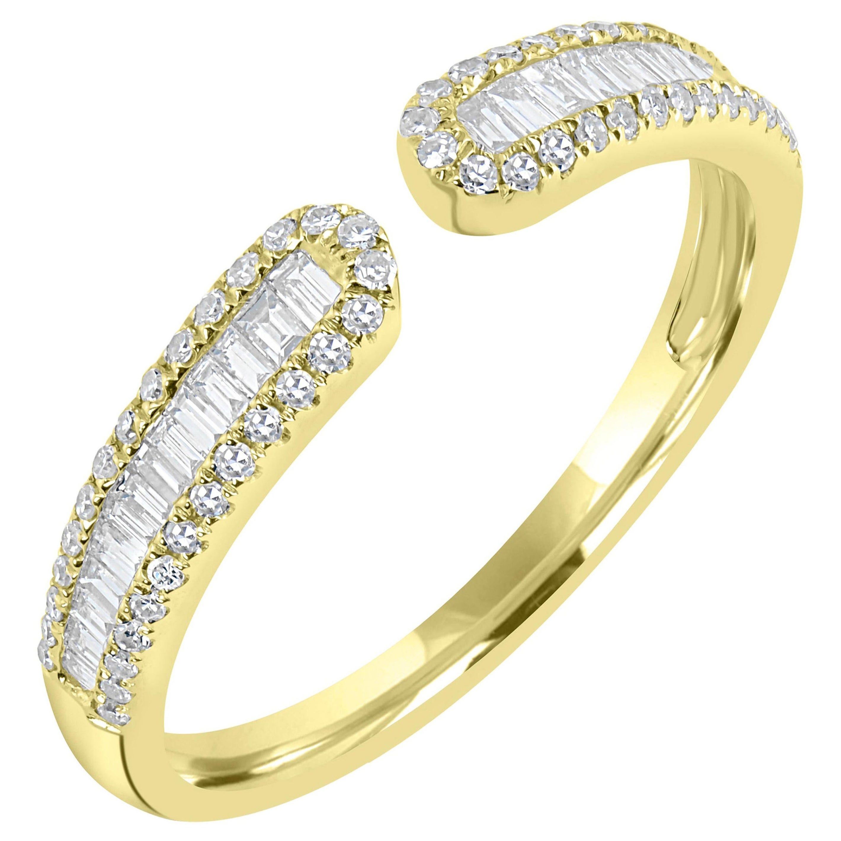 Luxle 14 Karat Yellow Gold Baguette Diamond Cuff Ring For Sale