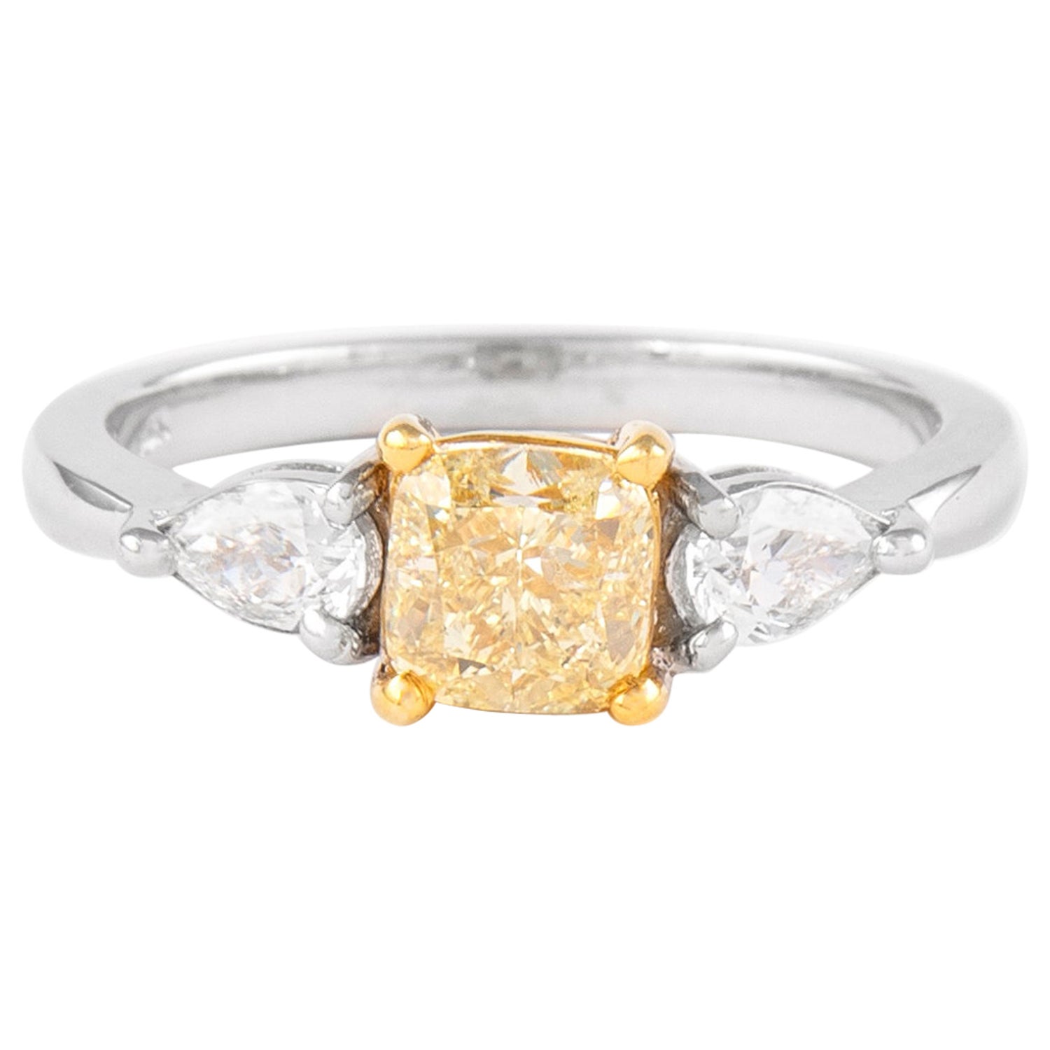 Alexander GIA Certified 1.01ct Fancy Yellow Diamond Three Stone Ring 18k  For Sale at 1stDibs