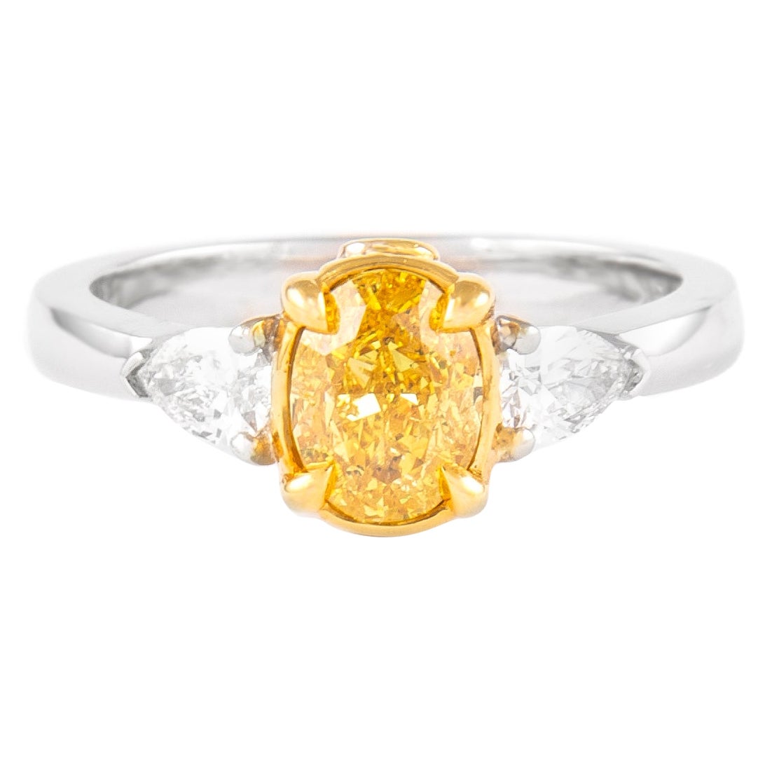 Alexander GIA Certified 1ct Fancy Vivid Yellow Diamond Three Stone Ring 18k 