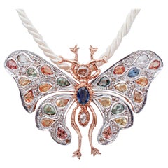 Broche/ collier pendentif en or rose et argent avec saphirs multicolores, diamants