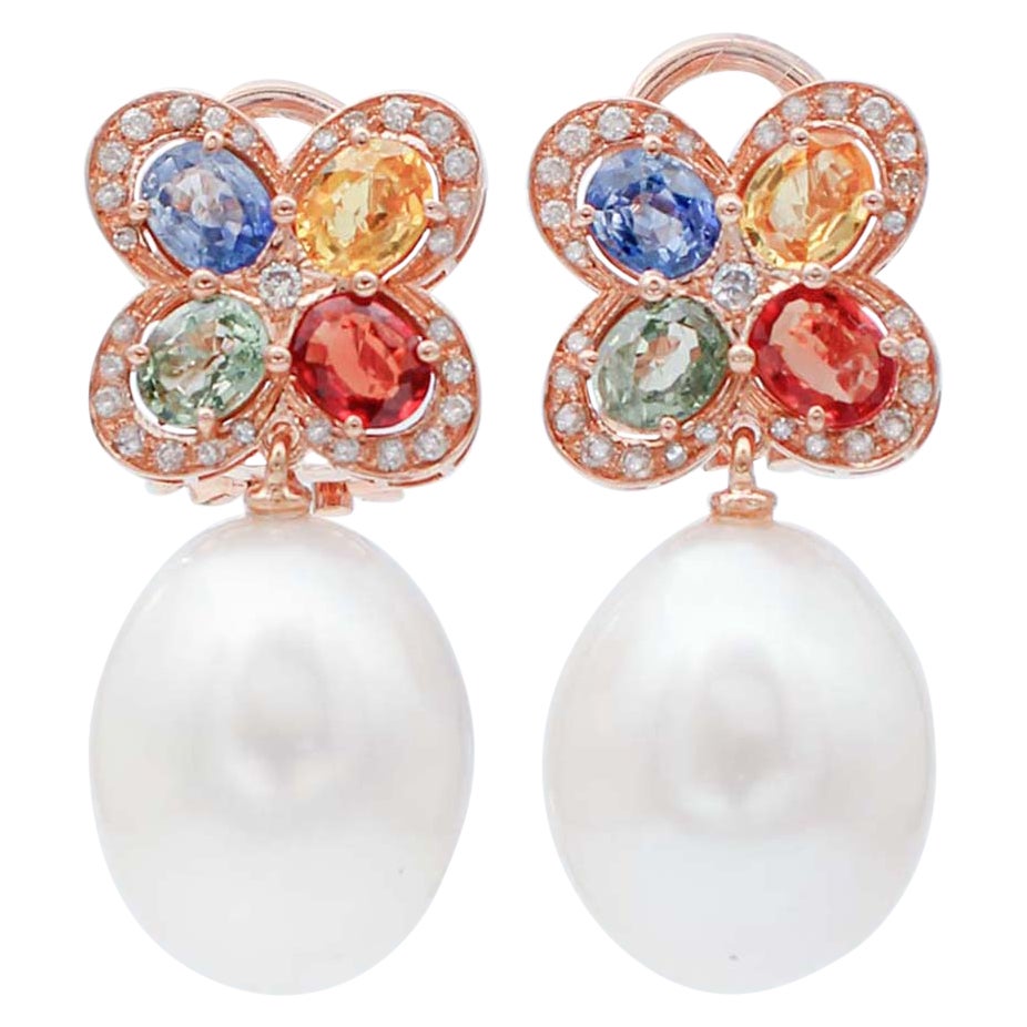 White Pearls, Multicolor Sapphires, Diamonds, 14 Karat Rose Gold Earrings