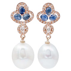 Blue Sapphires, Diamonds, Pearls, 14 Karat Rose Gold Dangle Earrings