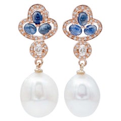 Blaue blaue Saphire, Diamanten, Perlen, 14 Karat Roségold Ohrhänger