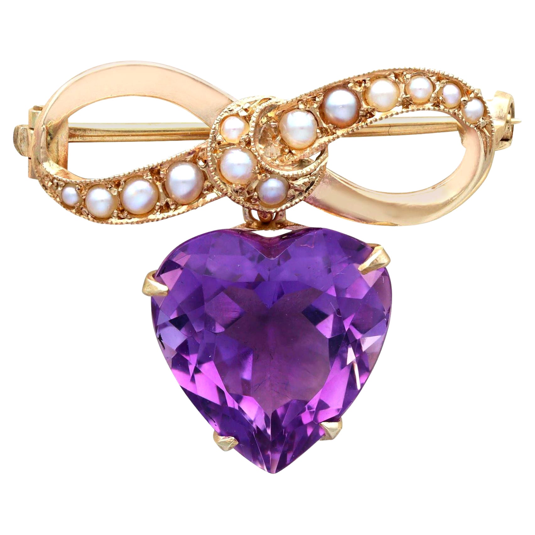 Antique 8.50 Carat Amethyst and Pearl 9 Carat Yellow Gold Lapel Brooch For Sale