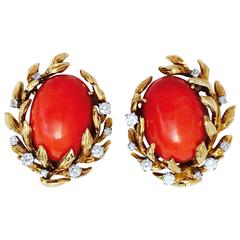 David Webb Mid-Century Mediterranean Coral Diamond Ear Clips