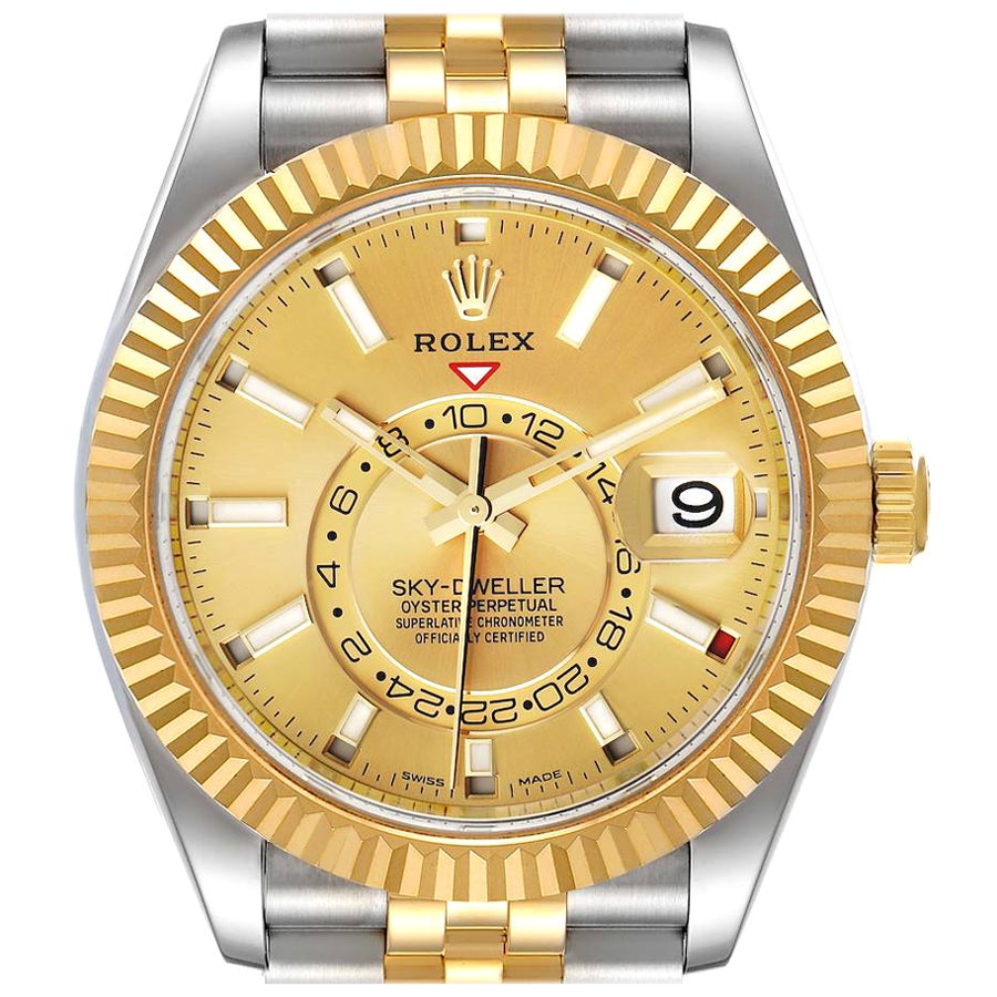 Rolex Sky Dweller Yellow Gold Steel Champagne Dial Mens Watch 326933 Box Card