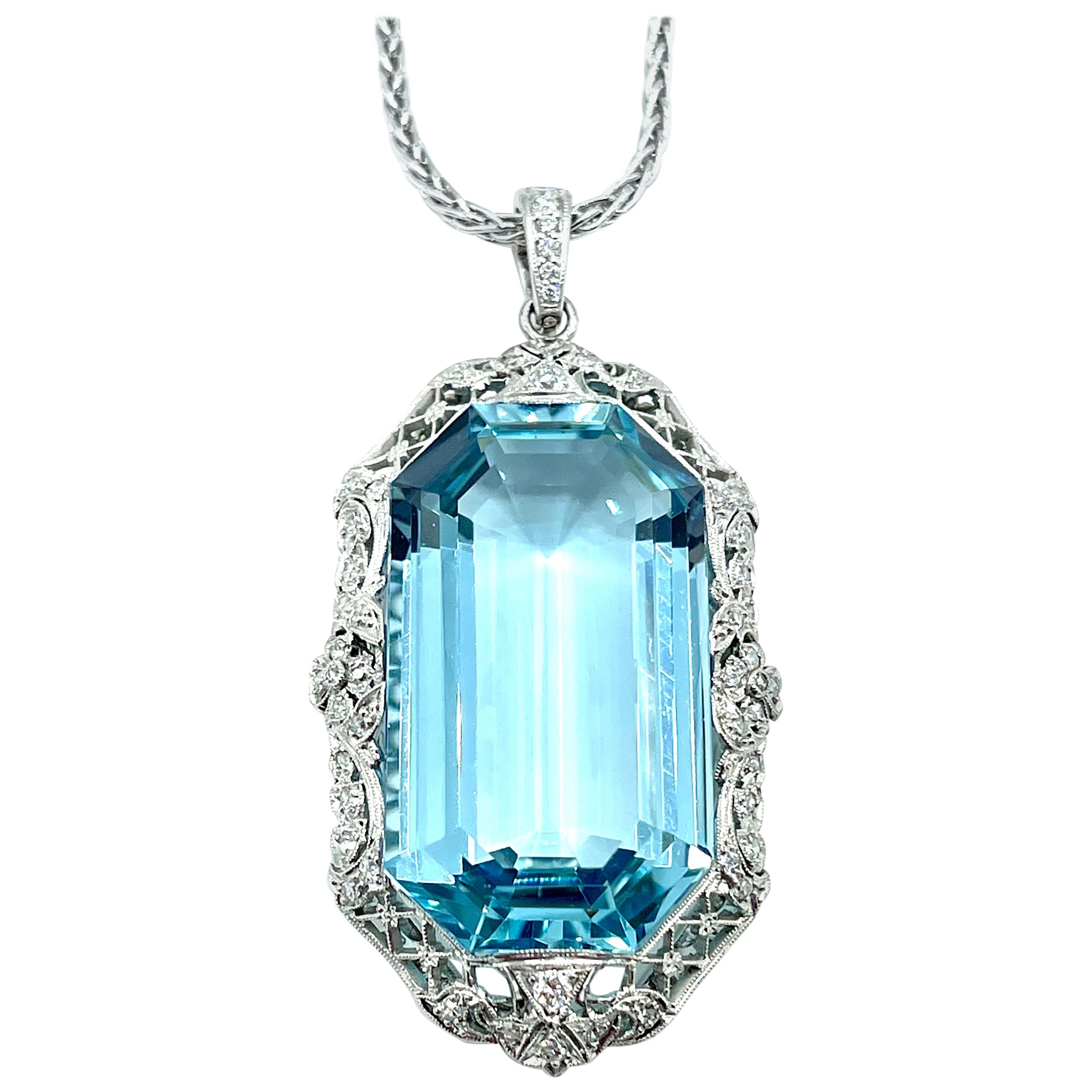 Art Deco 51.88ct Emerald Cut Aquamarine and Diamond Platinum Pendant For Sale