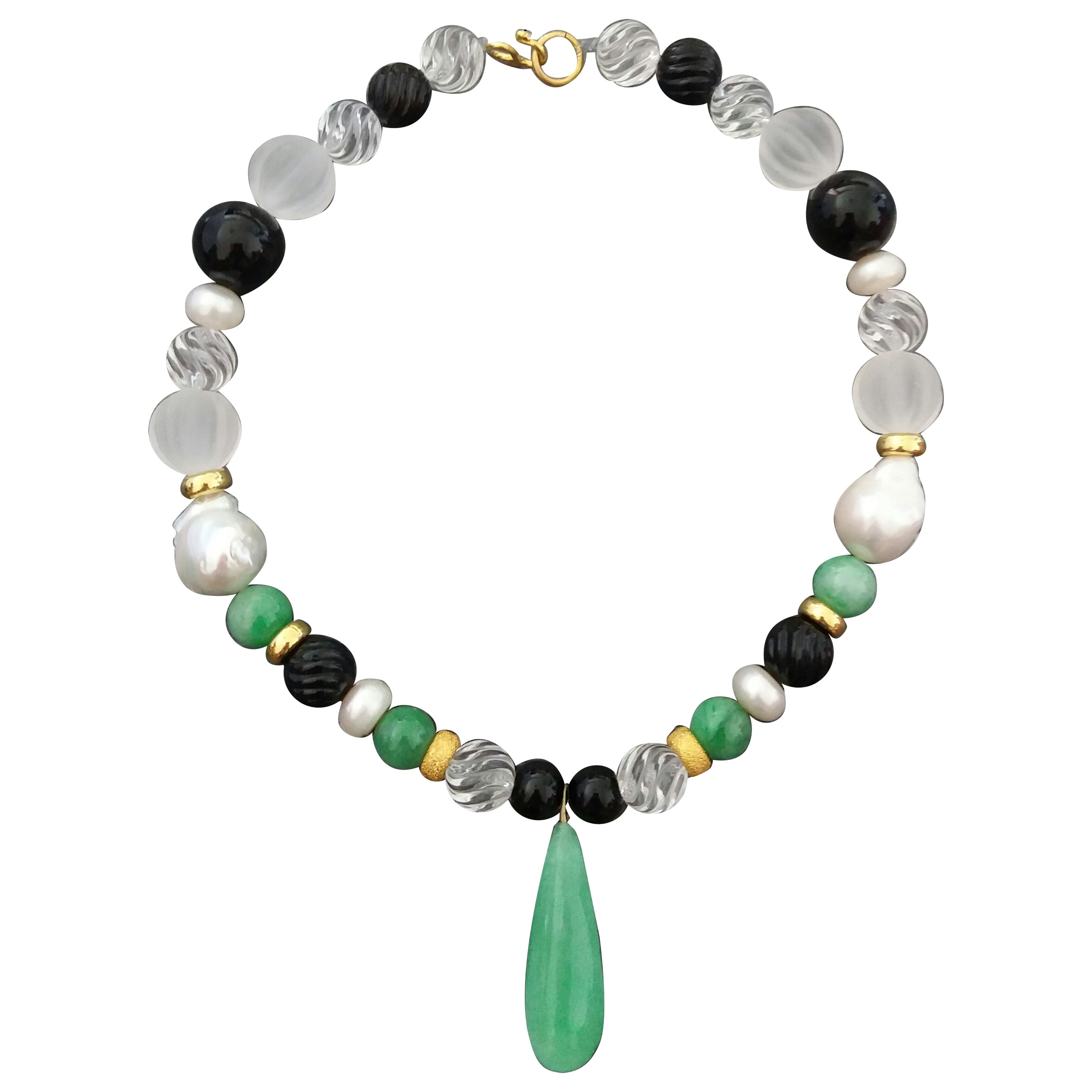 Jade Drop Pendant Baroque Pearls Rock Crystal Black Onyx Yellow Gold Necklaces For Sale