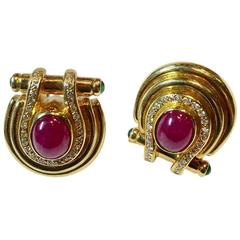 Cabochon Ruby and Emerald Diamond Gold Earrings 9