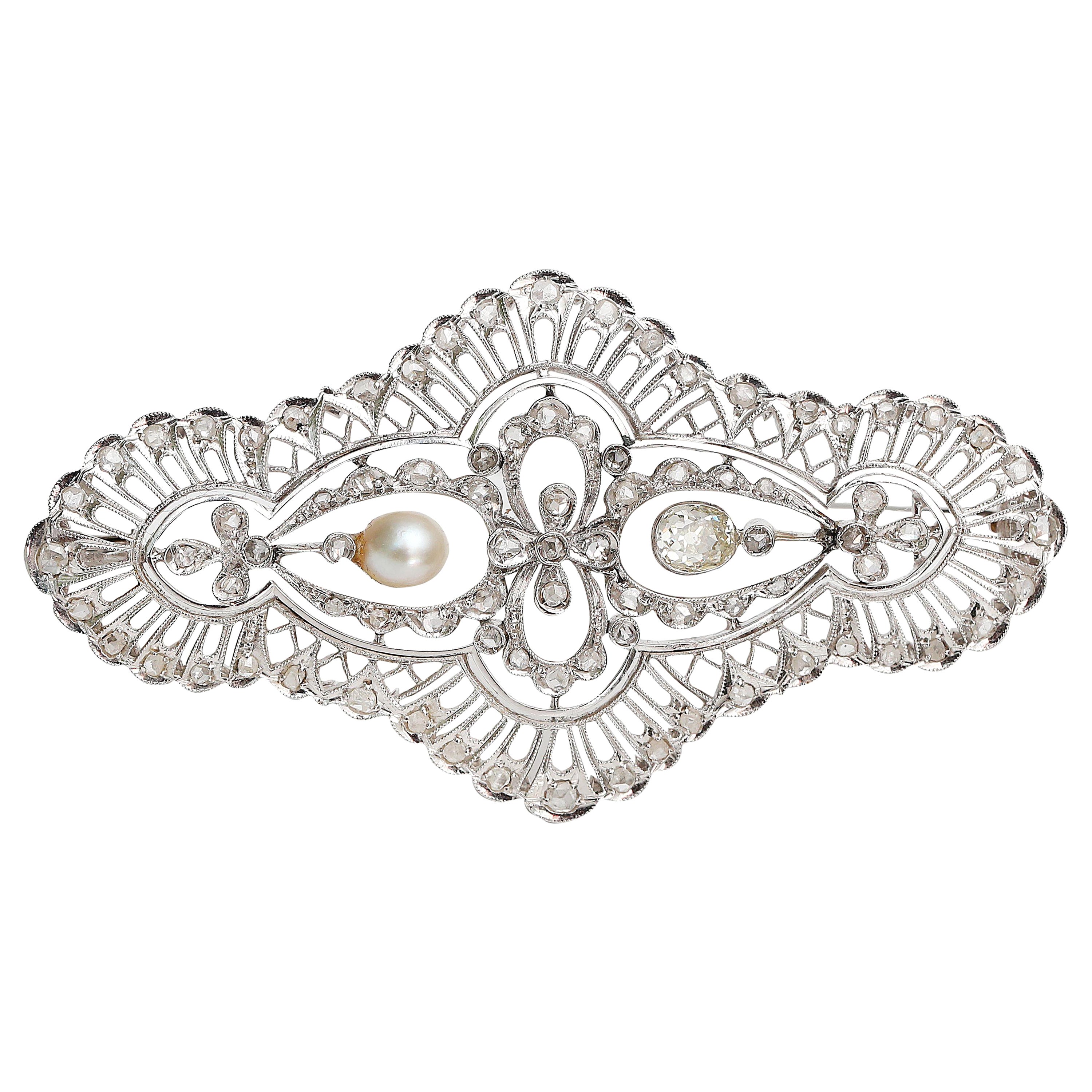 Victorian 18K Gold Filigree Brooch with Old Mine and Rose Cut Diamond and Pearl