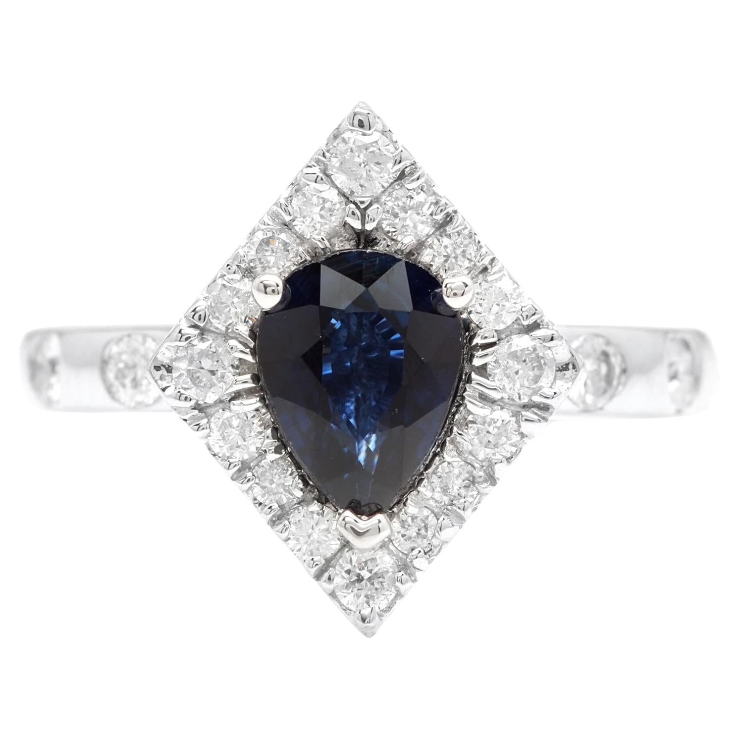 2.15 Carats Exquisite Natural Blue Sapphire and Diamond 14K Solid White Gold Rin